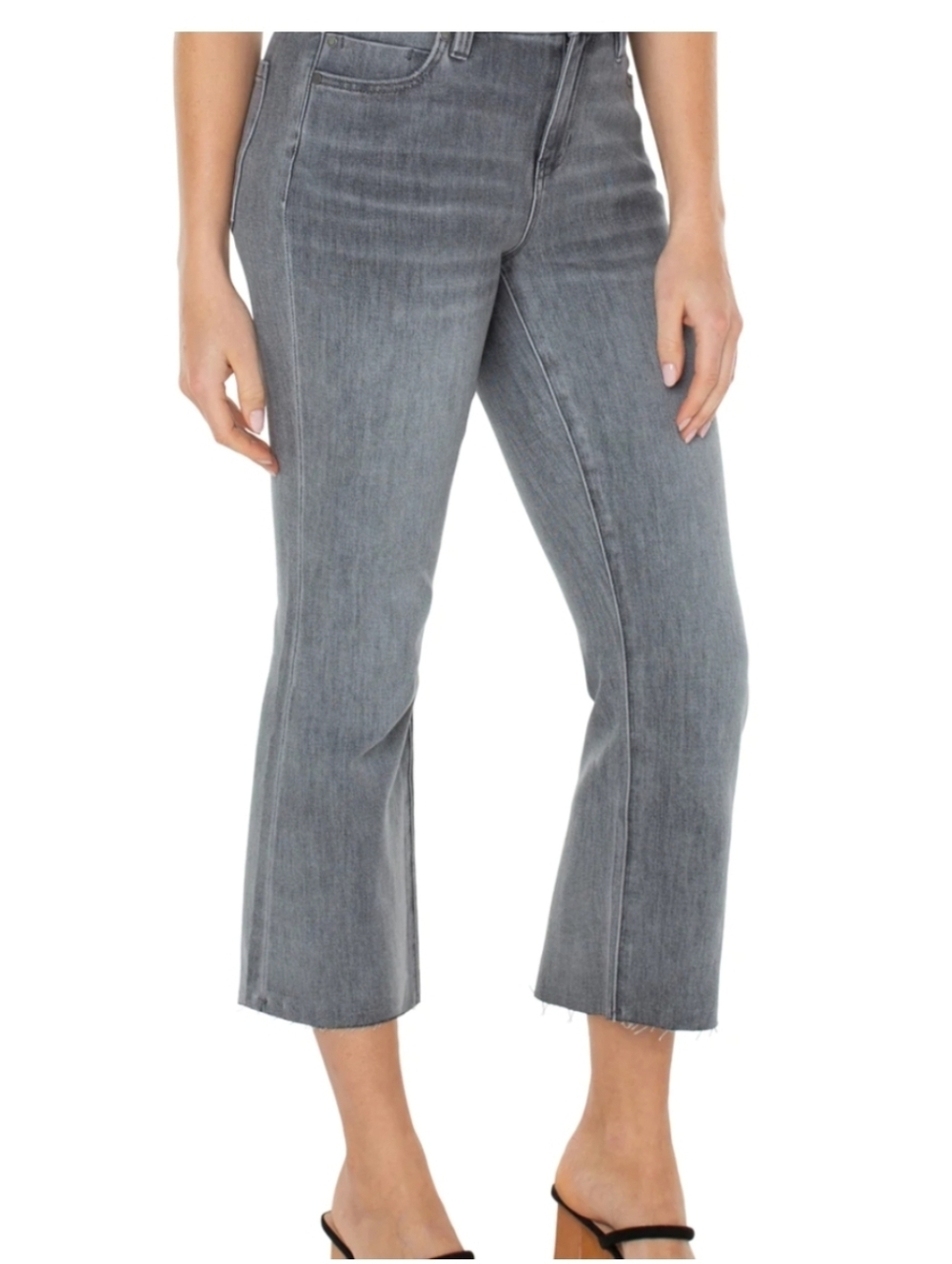 NWT Liverpool Hannah Crop Flare Jeans Gray Stretch Raw Hem High Rise Modern Chic